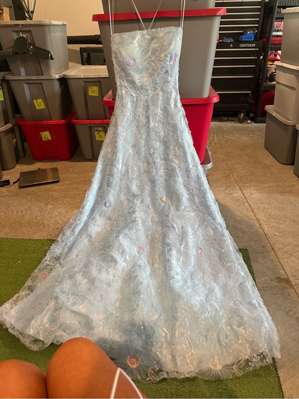 Light Blue Floral Lace Strapless Girls' Dress